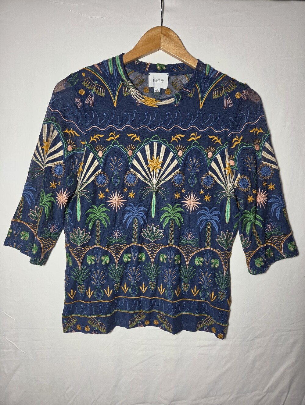 Johnny Was Navy Embroidered Botanical Short-Sleeve Sweatshirt